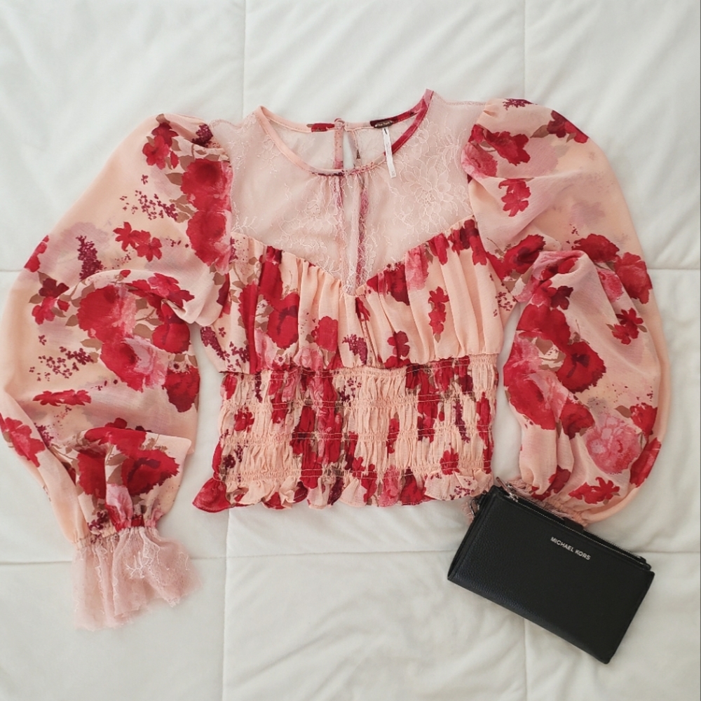 Pink lace floral cropped blouse free people